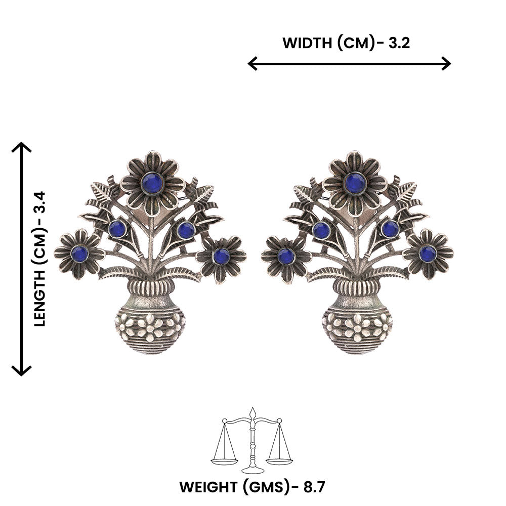 Pushp Kalash- Silver Brass Oxidised stud earrings(Blue)