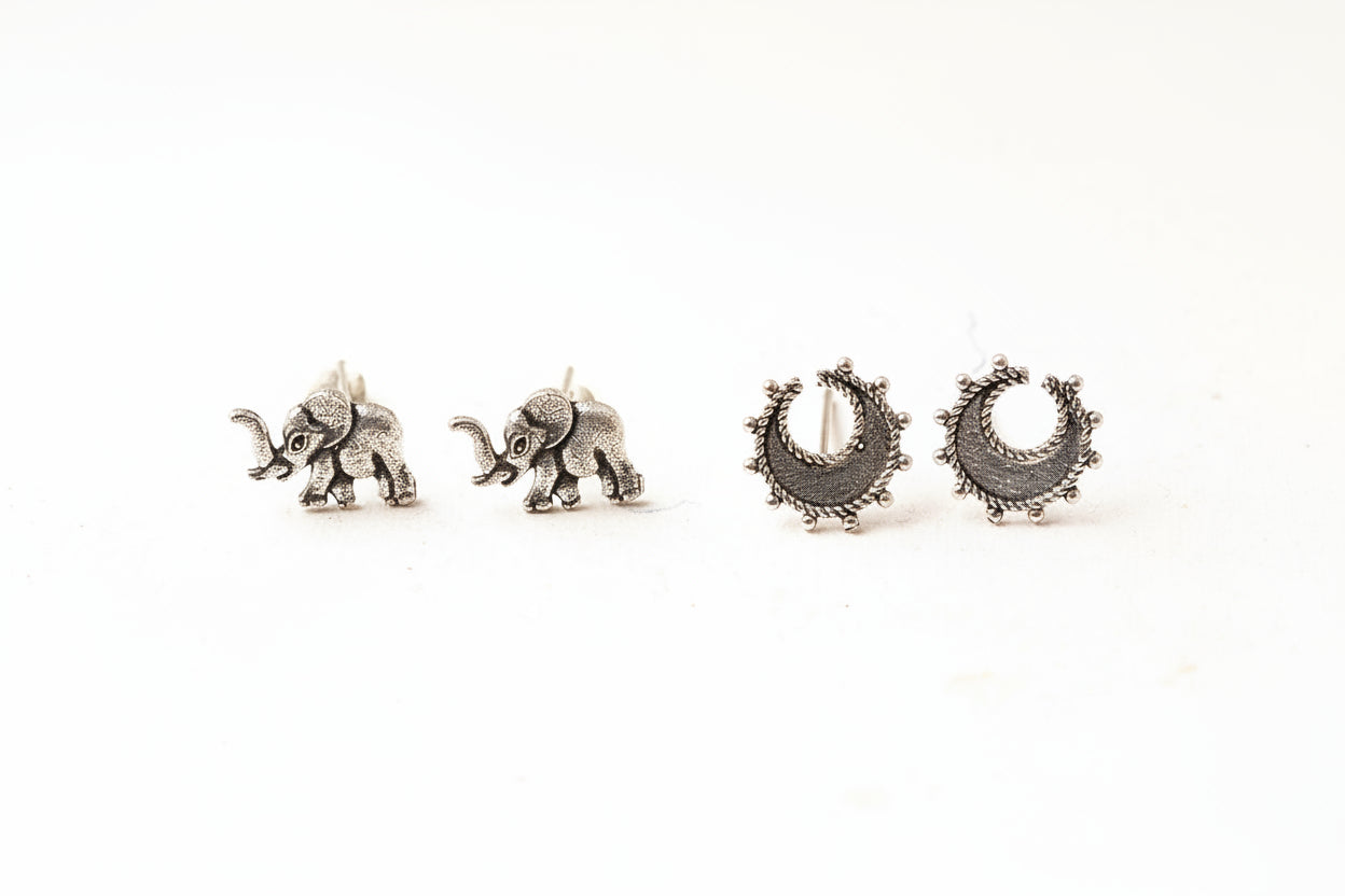 Kanika- Combo of Silver Brass Oxidised stud Earrings