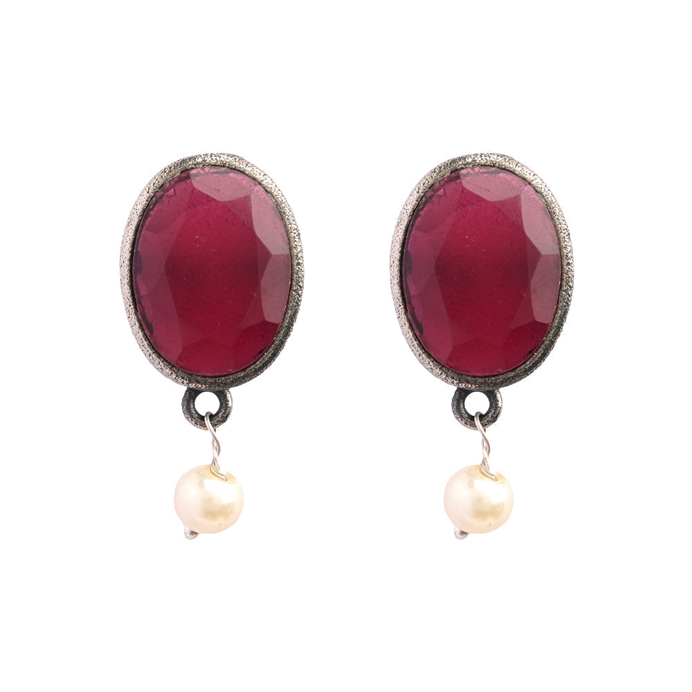 Boond- Silver Brass Stone Studded stud earrings(Red)