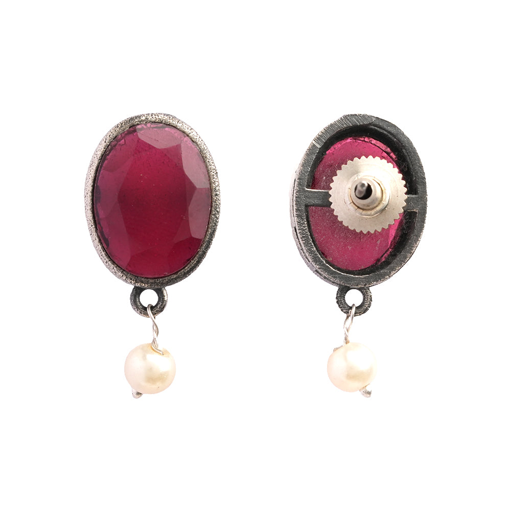 Boond- Silver Brass Stone Studded stud earrings(Red)