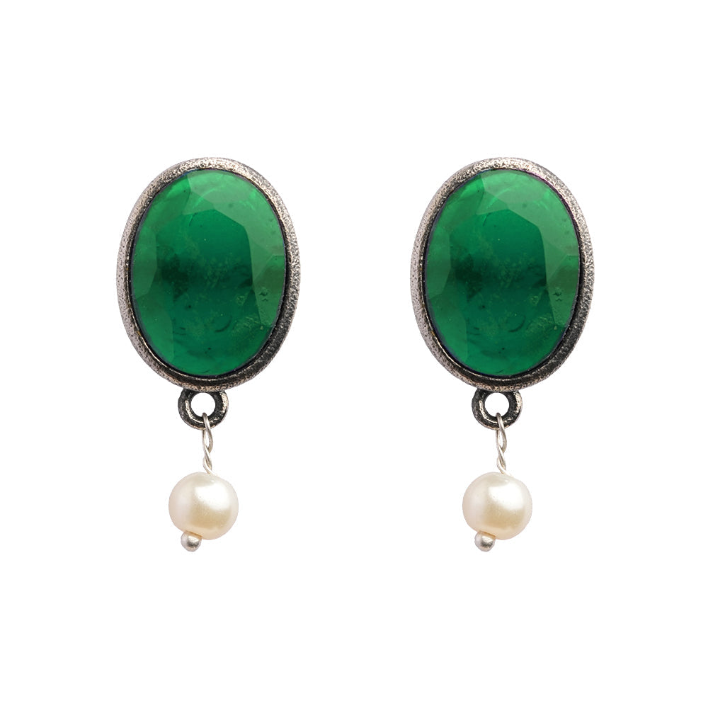 Boond- Silver Brass Stone Studded stud earrings(Green)