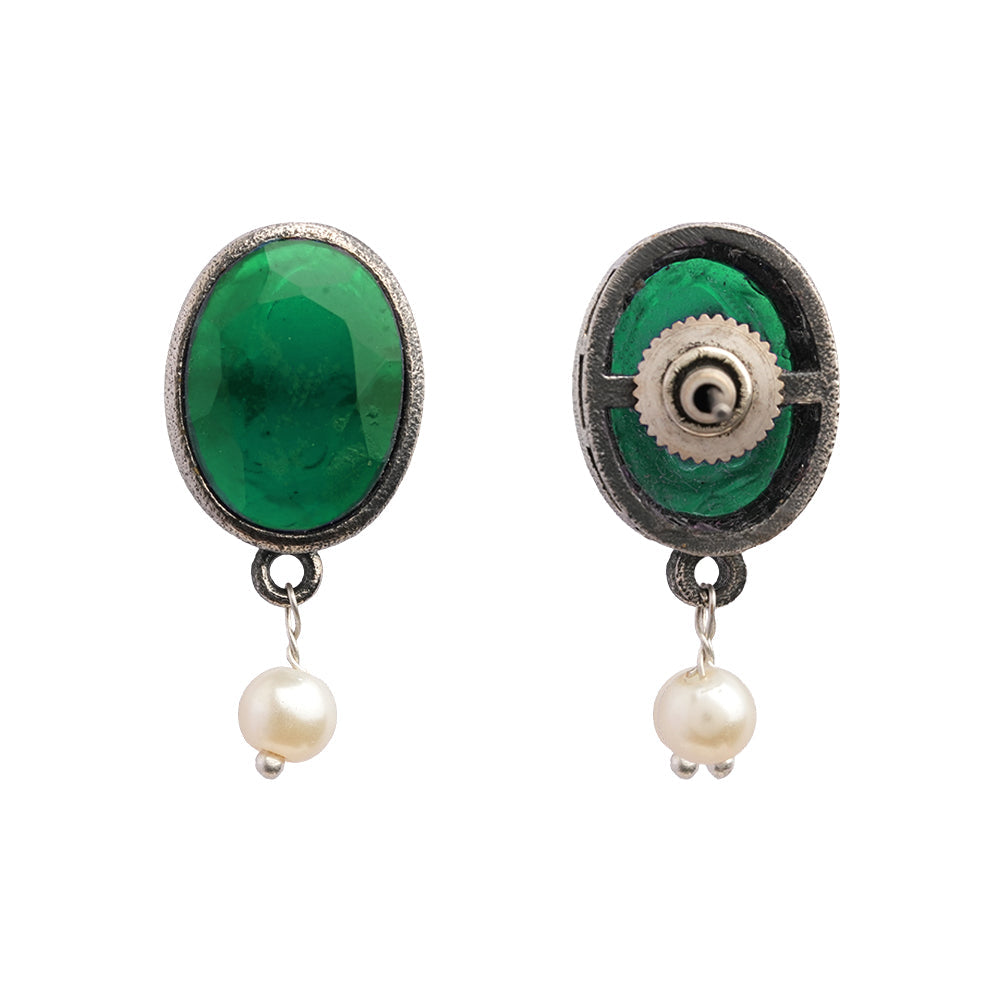 Boond- Silver Brass Stone Studded stud earrings(Green)