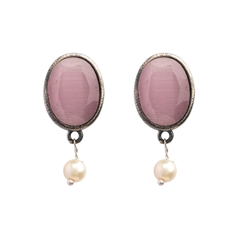 Boond- Silver Brass Stone Studded stud earrings(Baby Pink)