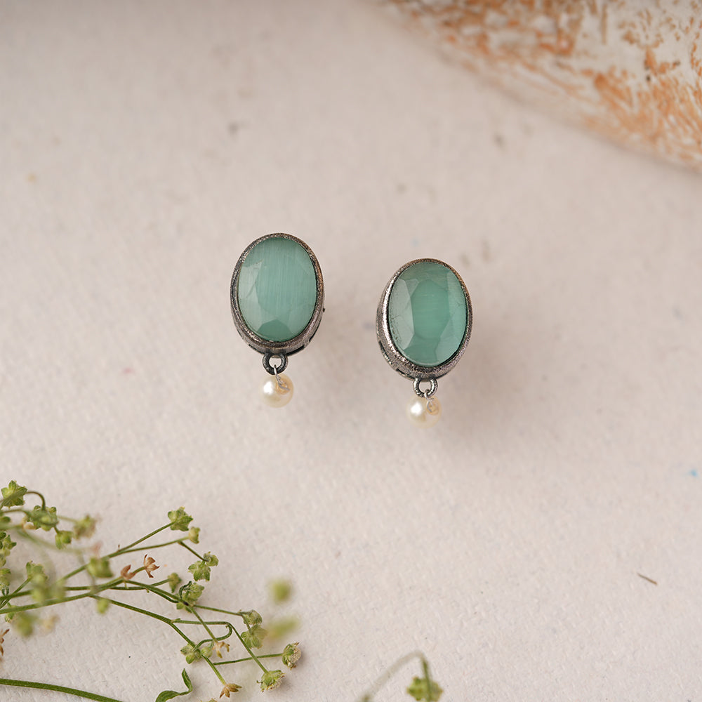Boond- Silver Brass Stone Studded stud earrings(Mint)