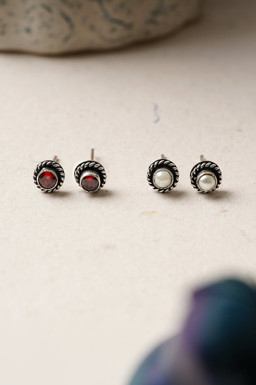 Ratna- Combo of Silver Brass Oxidised stud Earrings