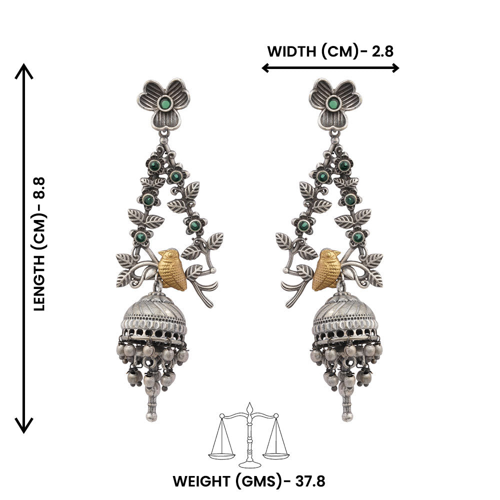 Phulvaari- Silver Brass Oxidised Stone-Studded Dangler Earrings