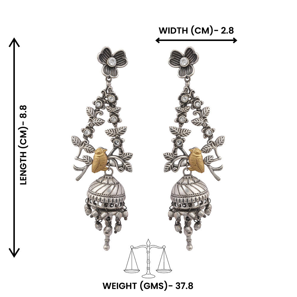 Phulvaari- Silver Brass Oxidised Stone-Studded Dangler Earrings
