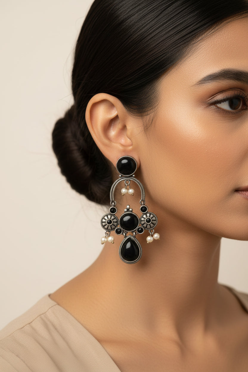 Rasdhara – Silver Brass Oxidised Dangler Earrings