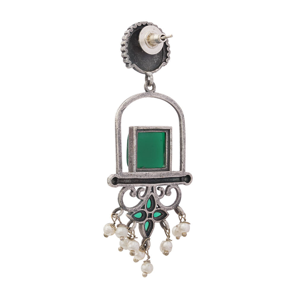 Meherab- Silver Brass Oxidised Stone-Studded Dngler Earrings (Green)