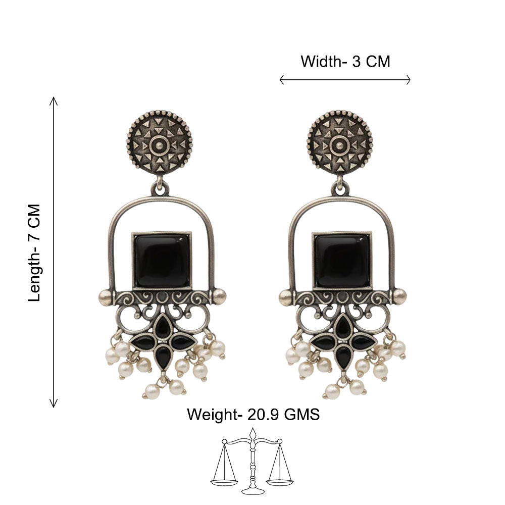 Meherab- Silver Brass Oxidised Stone-Studded Dngler Earrings (Black)