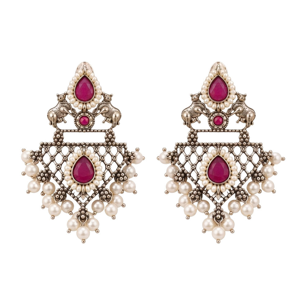 GajRatna – Silver Brass Dangler Earrings - Red