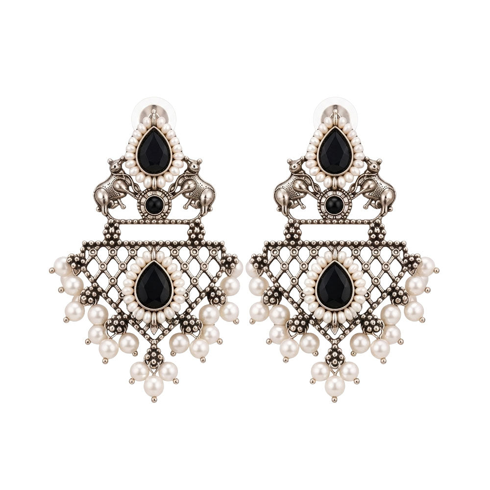 GajRatna – Silver Brass Dangler Earrings - Black