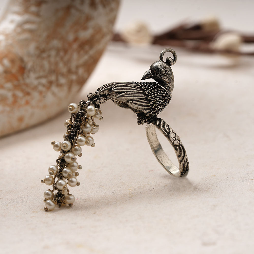 MorMoti- Silver Brass Oxidised pearl ring