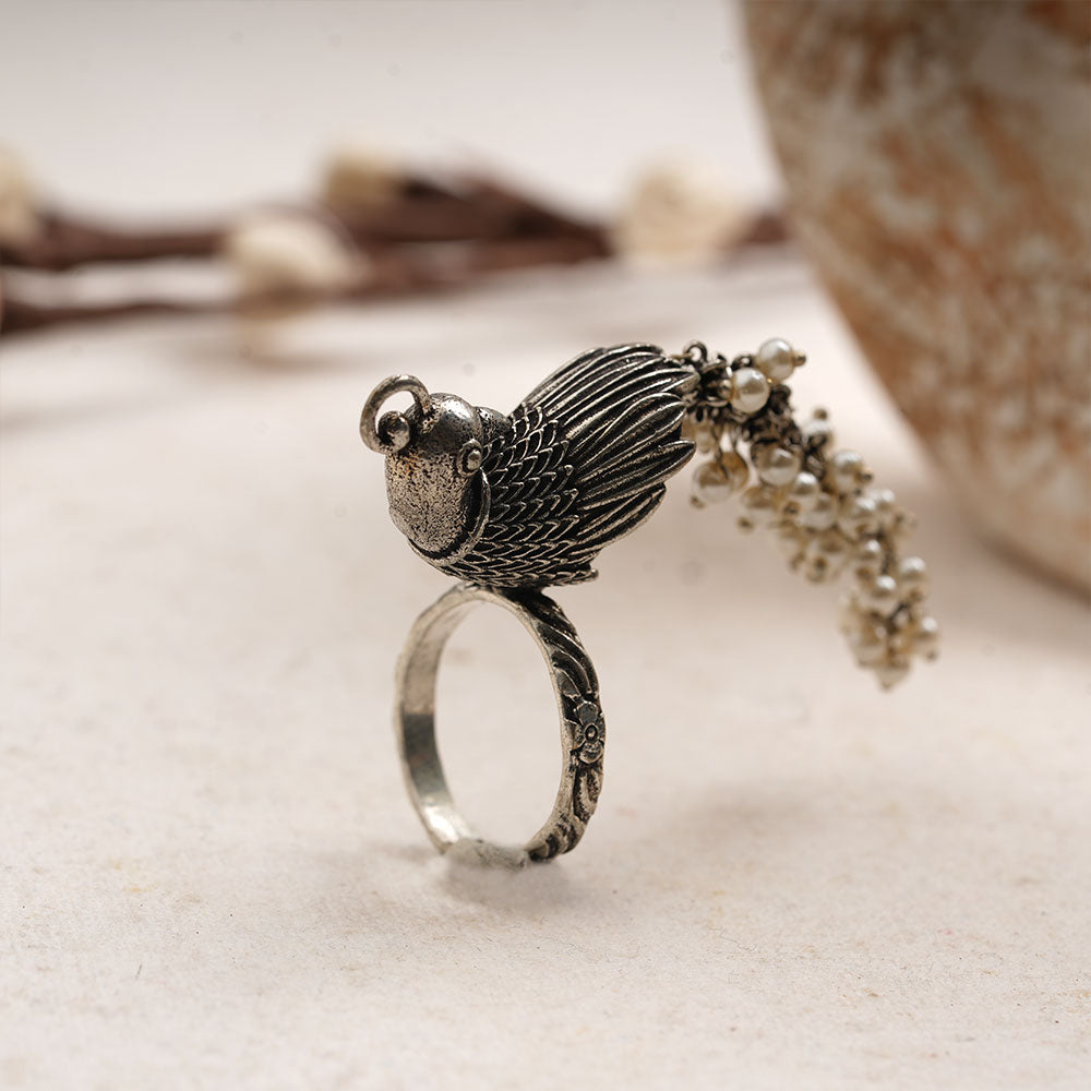 MorMoti- Silver Brass Oxidised pearl ring