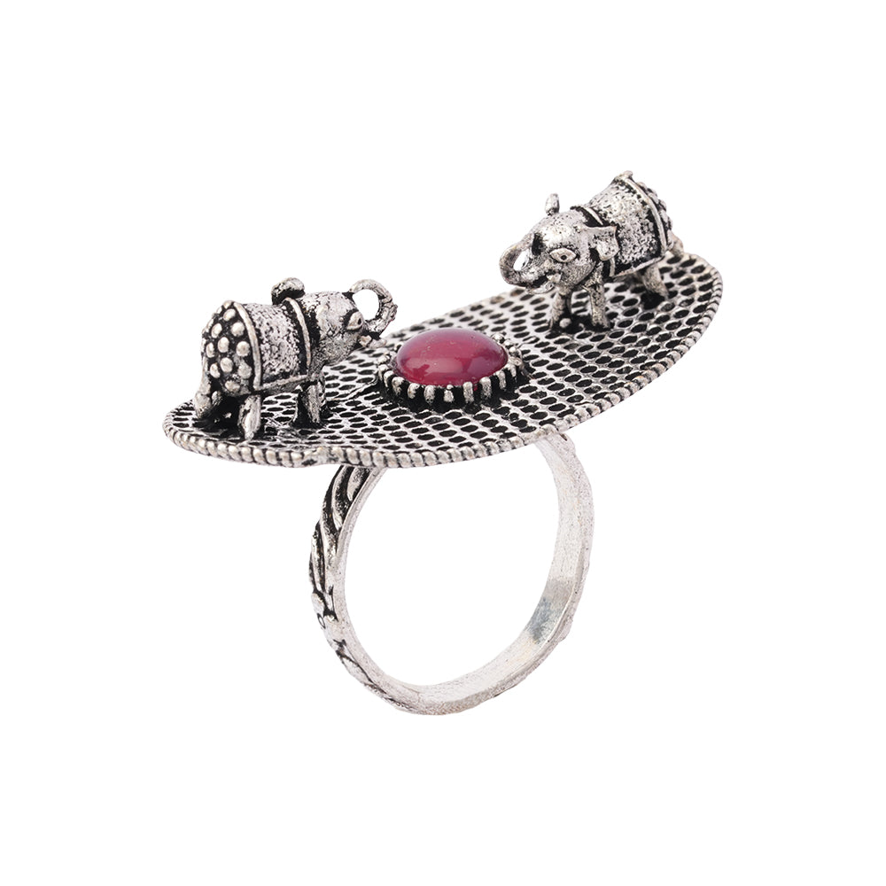 Gajendra- Silver oxidised ring(Red)