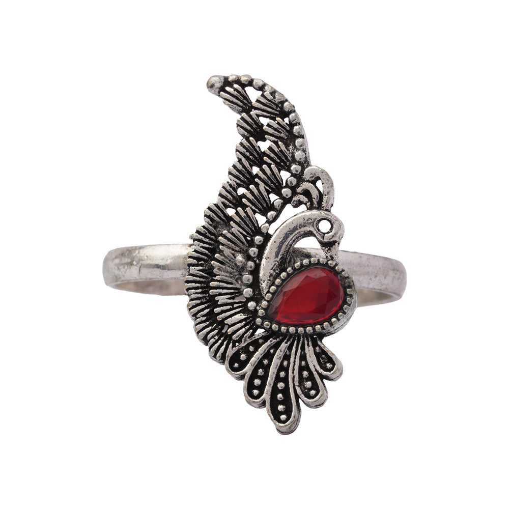 Pankh- Silver oxidised ring(Red)