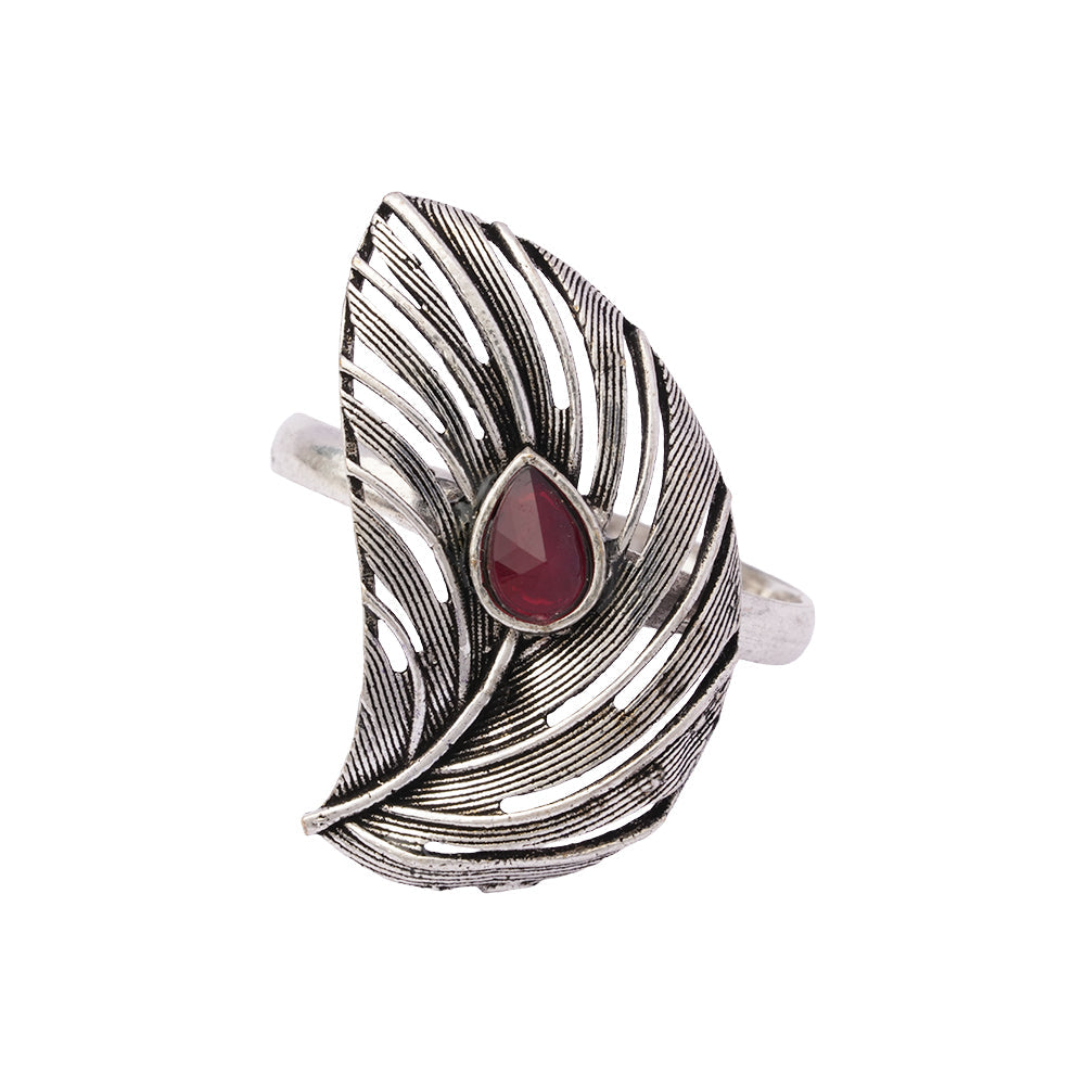 Ruchi- Oxidisd brass stone studdedn ring (Red)