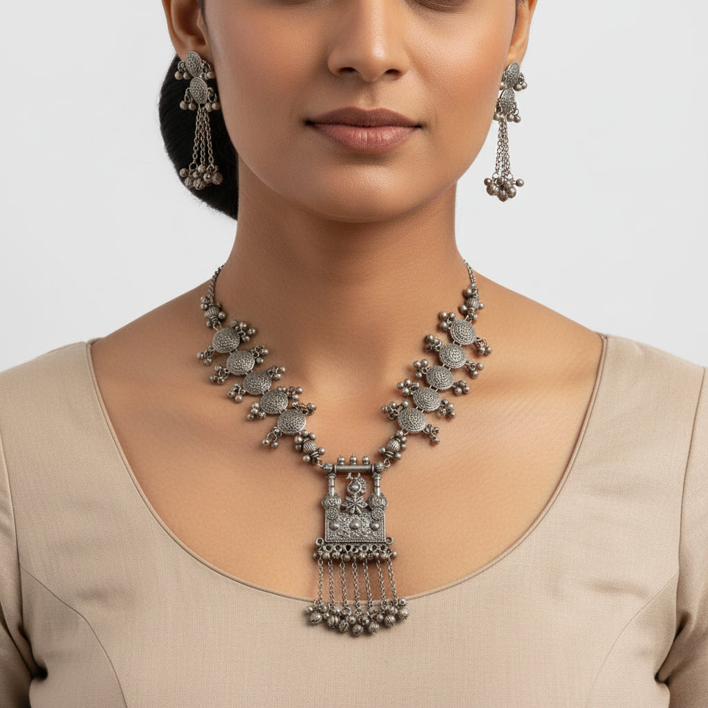 Rudrangi – Silver-Toned Brass Necklace Set