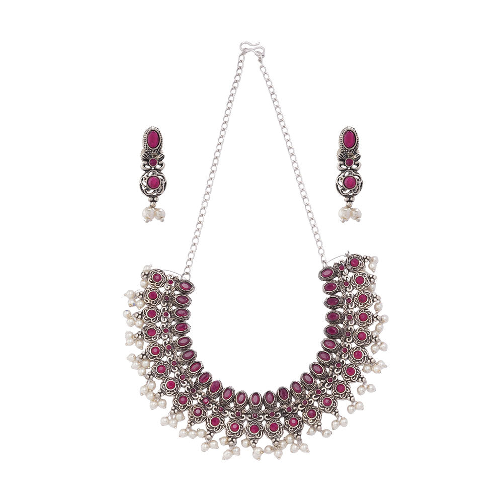 Kamalika- Red Stone studded German Silver Neckpiece set