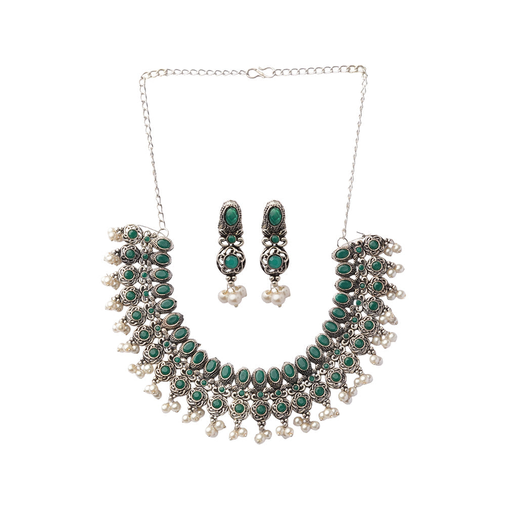 Tarangini- Stone studded German Silver Neckpiece set (Green )