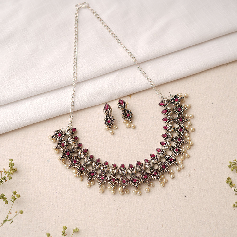 Vatsala- Stone studded German Silver Neckpiece set(Red)