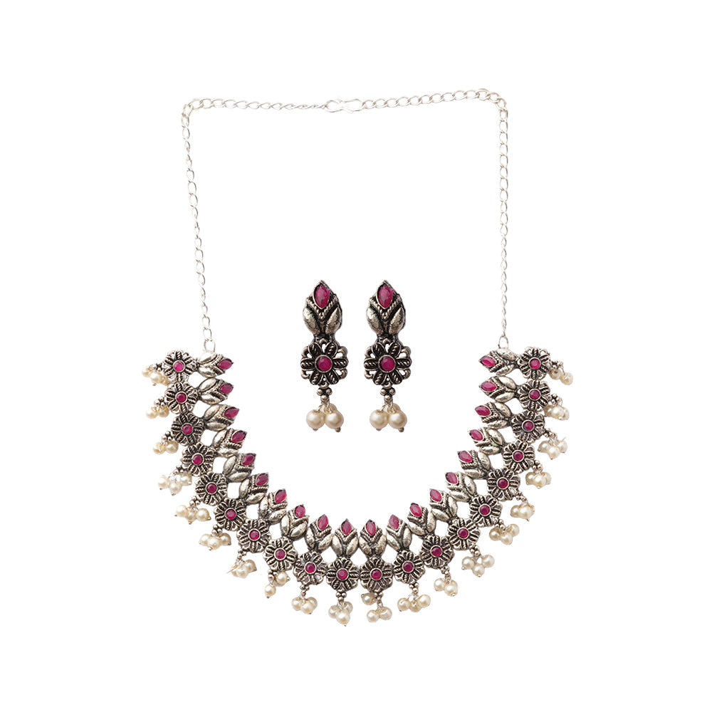 Vatsala- Stone studded German Silver Neckpiece set(Red)