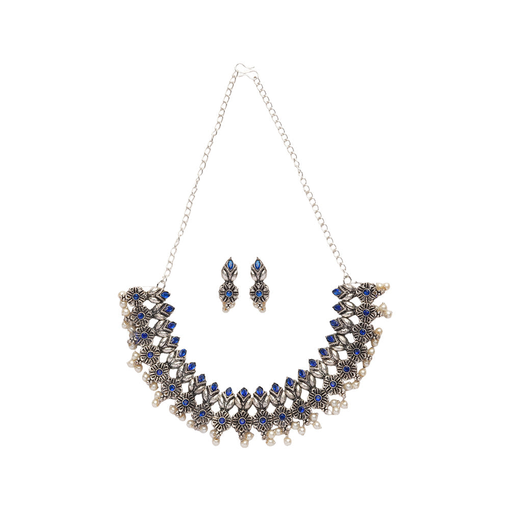 Vatsala- Stone studded German Silver Neckpiece set(Blue)