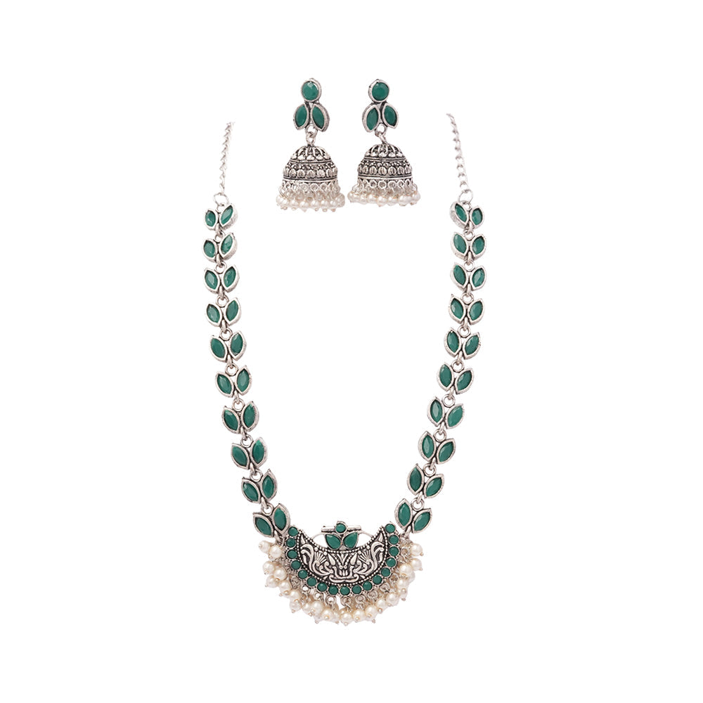 Pranayini- Green Stone studded German Silver Neckpiece set