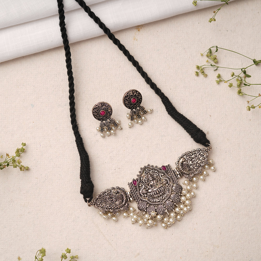 Padmalaya- Stone studded Laxmi Motif German Silver Neckpiece set(Red)
