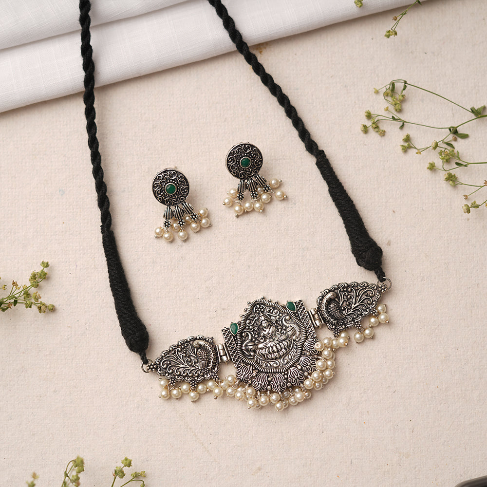 Padmalaya- Stone studded Laxmi Motif German Silver Neckpiece set(Green)