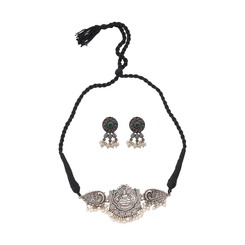 Padmalaya- Stone studded Laxmi Motif German Silver Neckpiece set(Green)