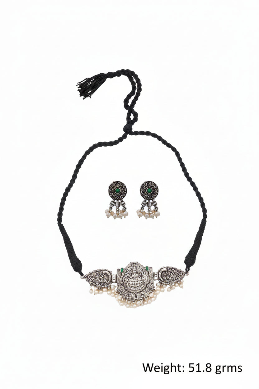 Padmalaya- Stone-Studded Laxmi Motif German Silver Neckpiece set(Green)