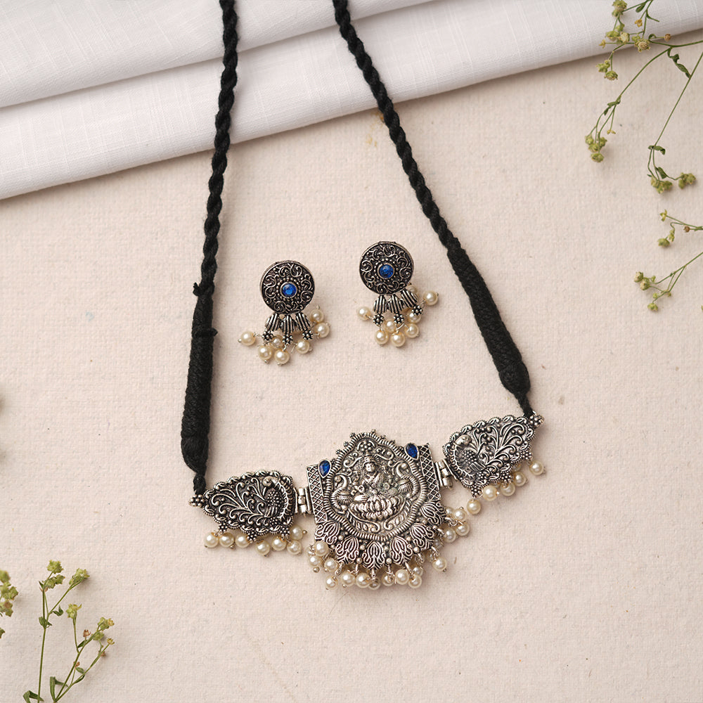 Padmalaya- Stone studded Laxmi Motif German Silver Neckpiece set(Blue)