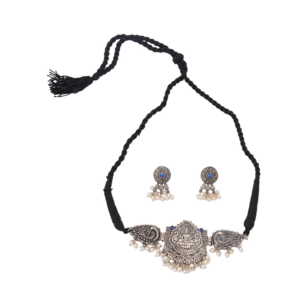 Padmalaya- Stone studded Laxmi Motif German Silver Neckpiece set(Blue)