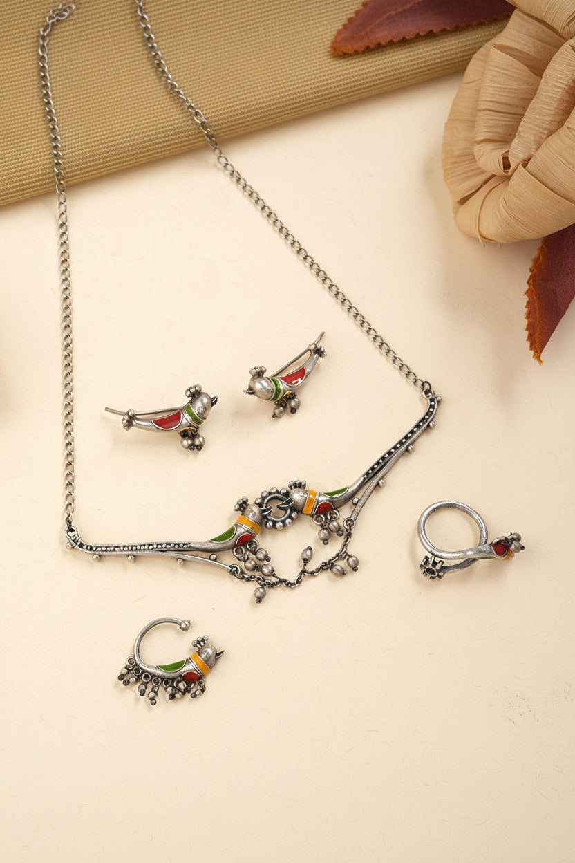 Oormika- Colorful oxidised Silver neckpiece set