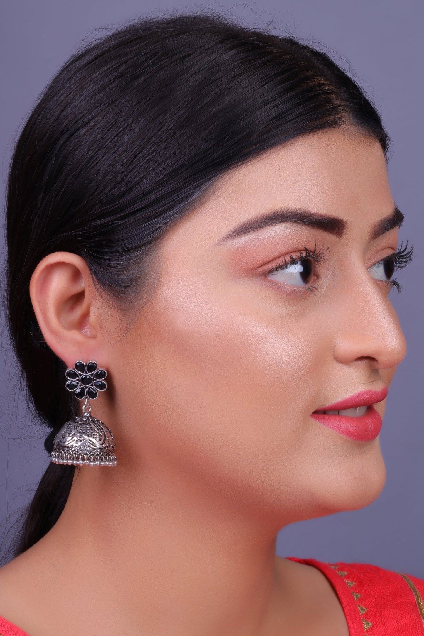Tamira- Silver Brass Oxidised Jhumka Earrings(Black)