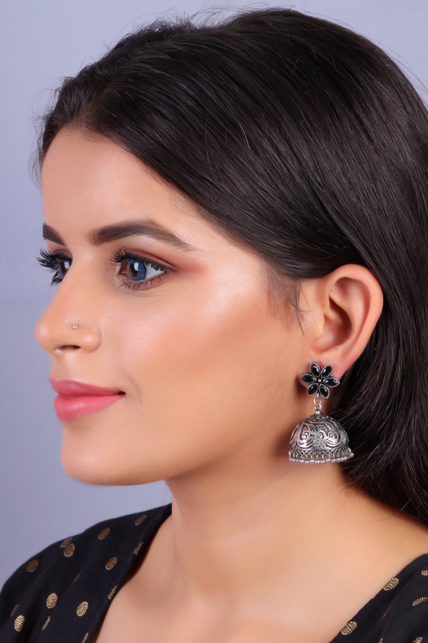 Padmika- Silver Brass Stone Studded Jhumka Earrings(Black)