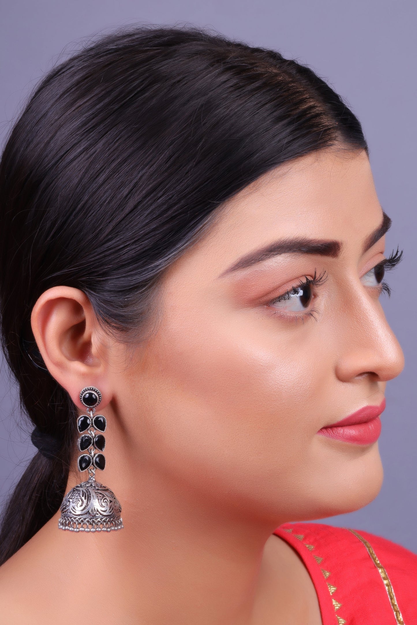 Shyamika- Silver Brass Oxidised Jhumka Earrings(Black)