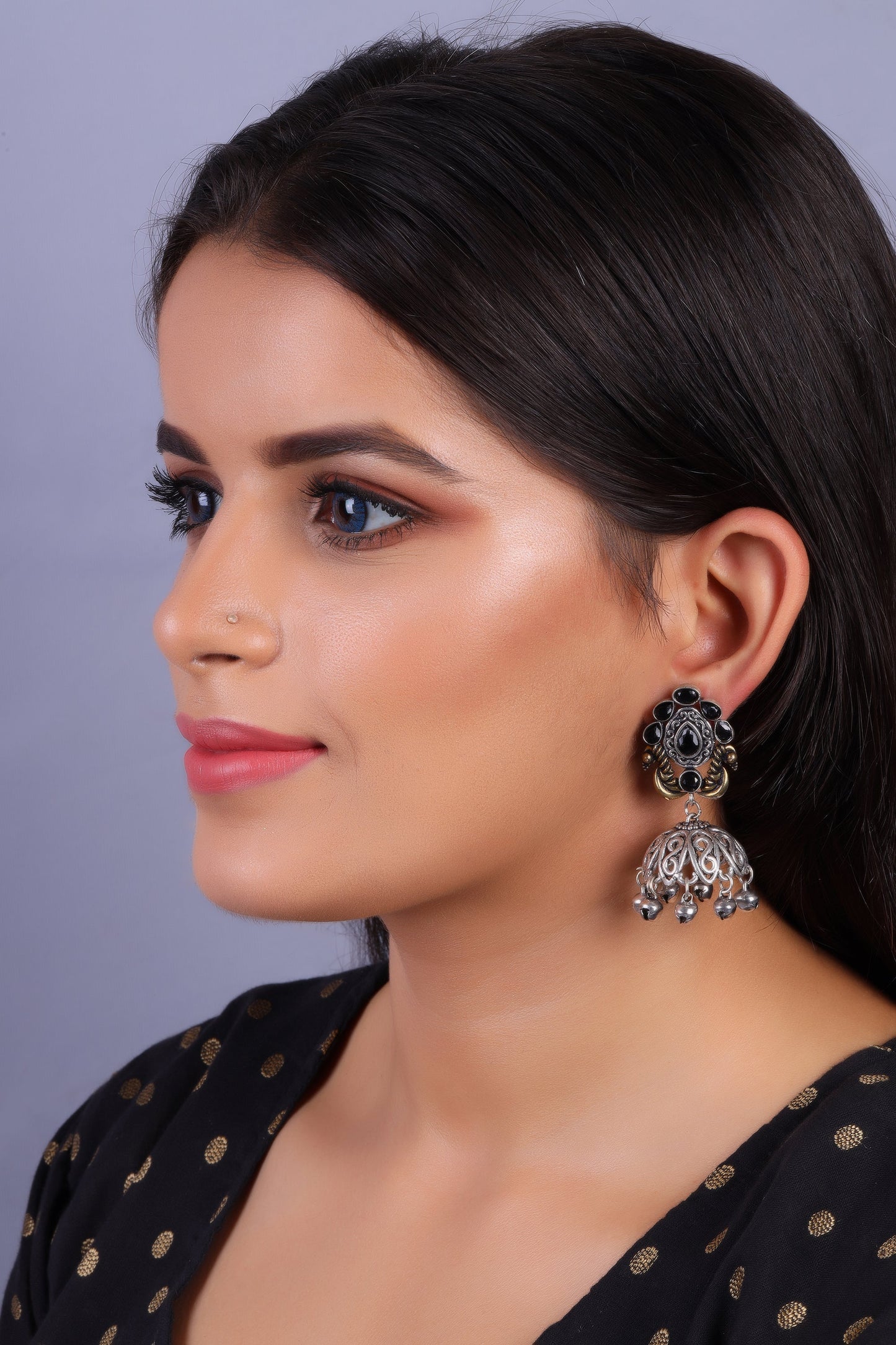 Kusumeyura- Silver Brass Stone Studded Jhumka Earrings(Black)