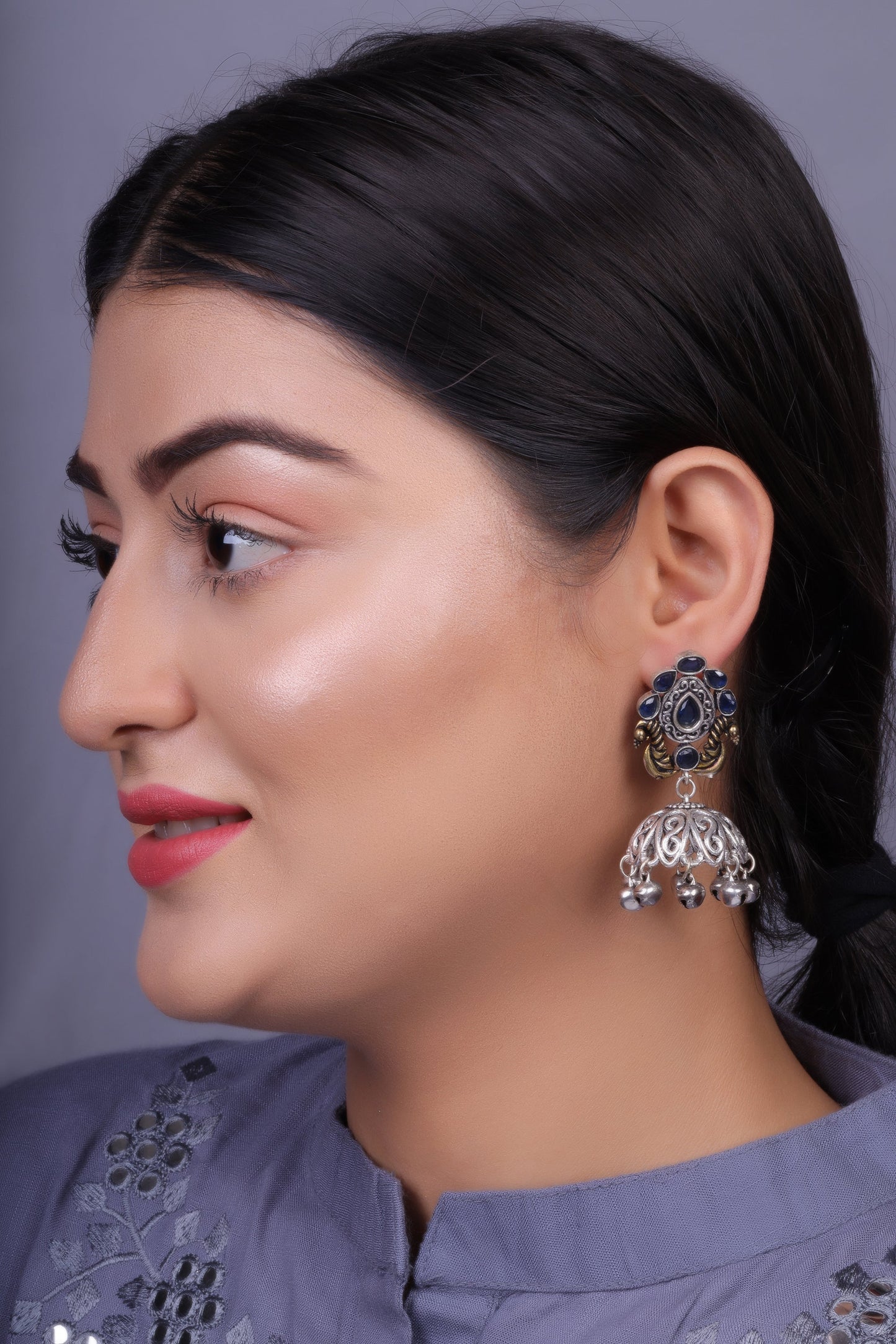 Kusumeyura- Silver Brass Stone Studded Jhumka Earrings(Blue)