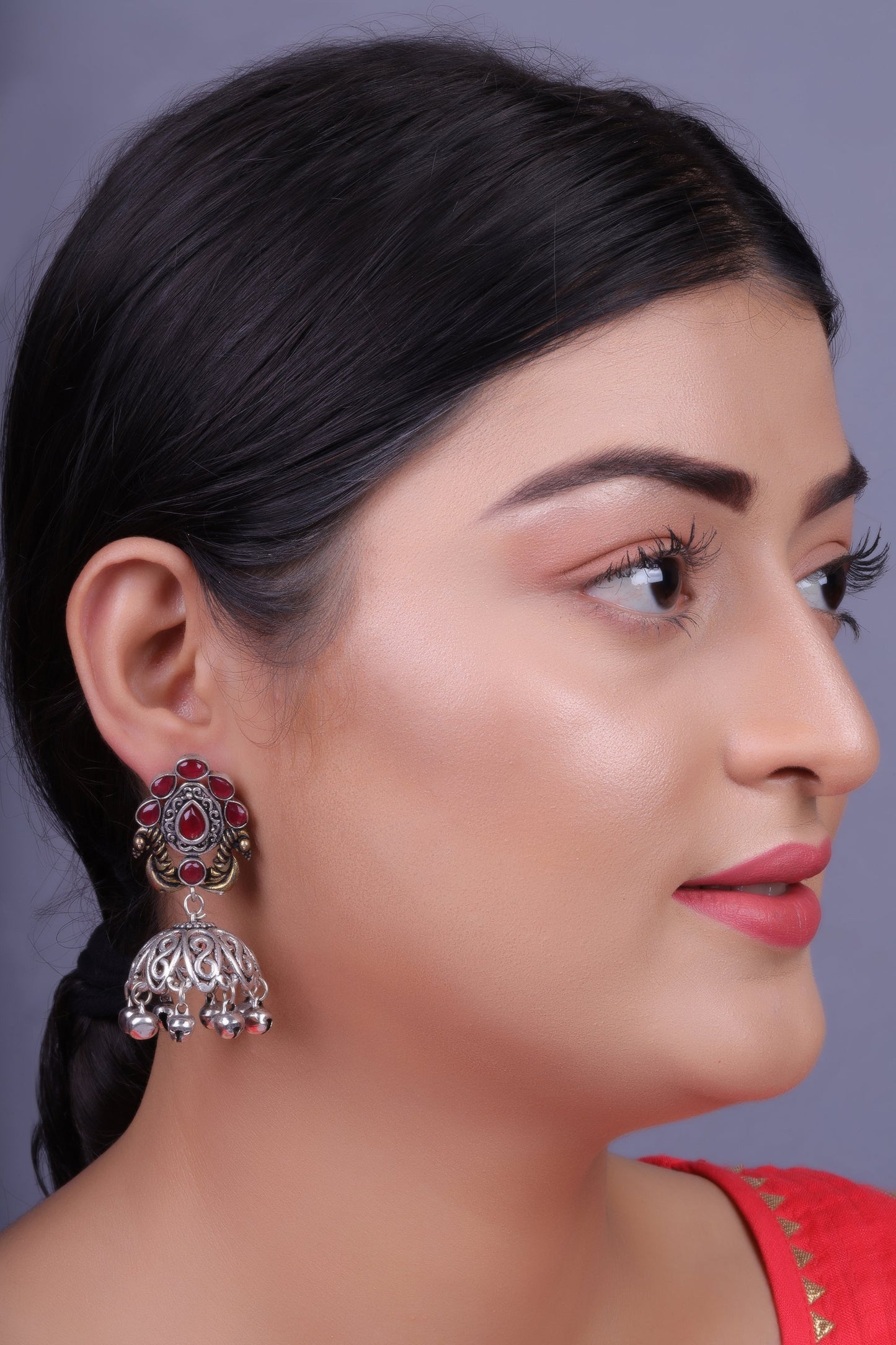 Kusumeyura- Silver Brass Stone Studded Jhumka Earrings(Red)
