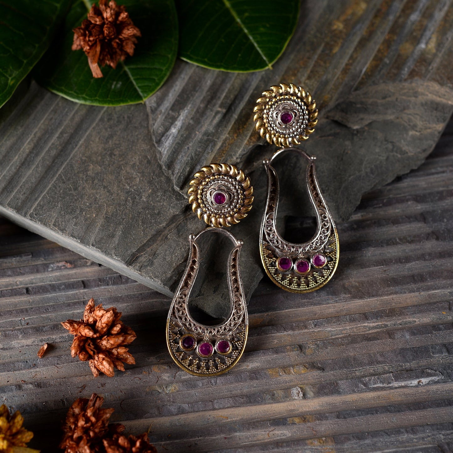 Nupura- Silver Brass Oxidised dangler earrings(Pink)