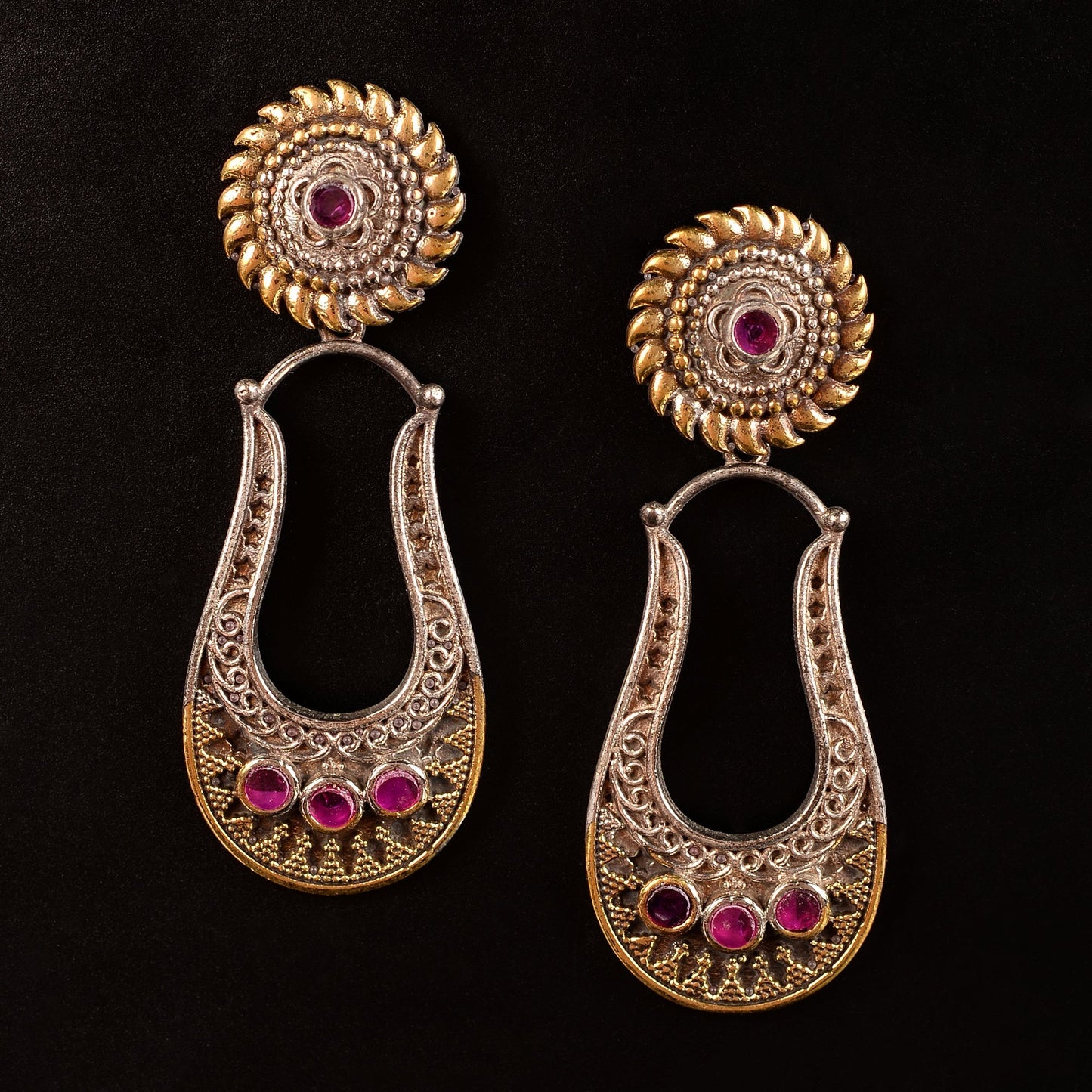 Nupura- Silver Brass Oxidised dangler earrings(Pink)