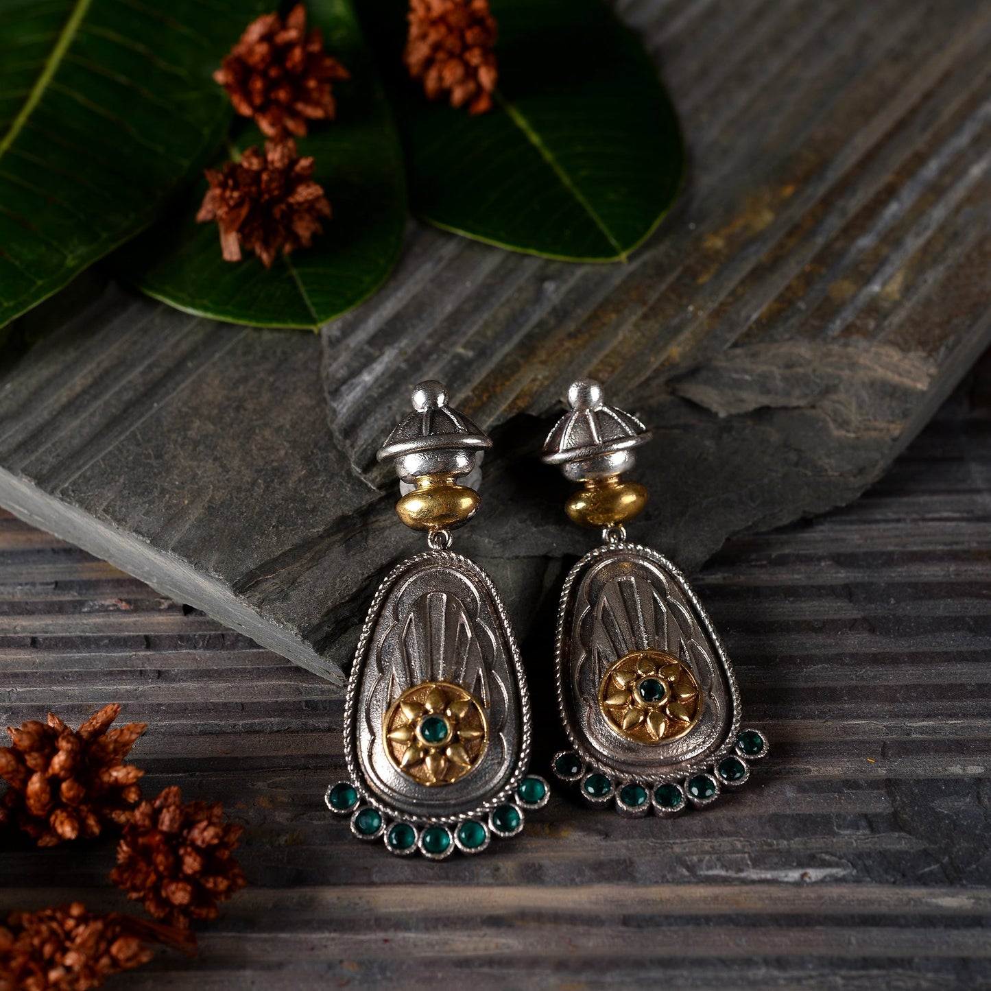 Rangaabha- Silver Brass Oxidised Dangker Earrings