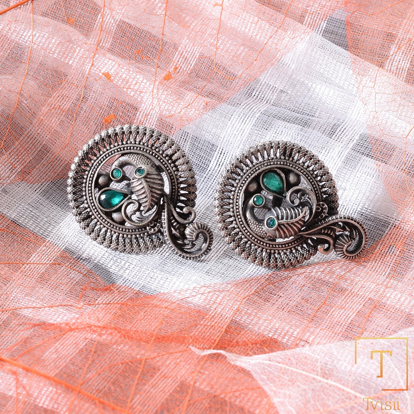 MorRatna- Silver Brass Stone Studded Stud Earrings(Green)