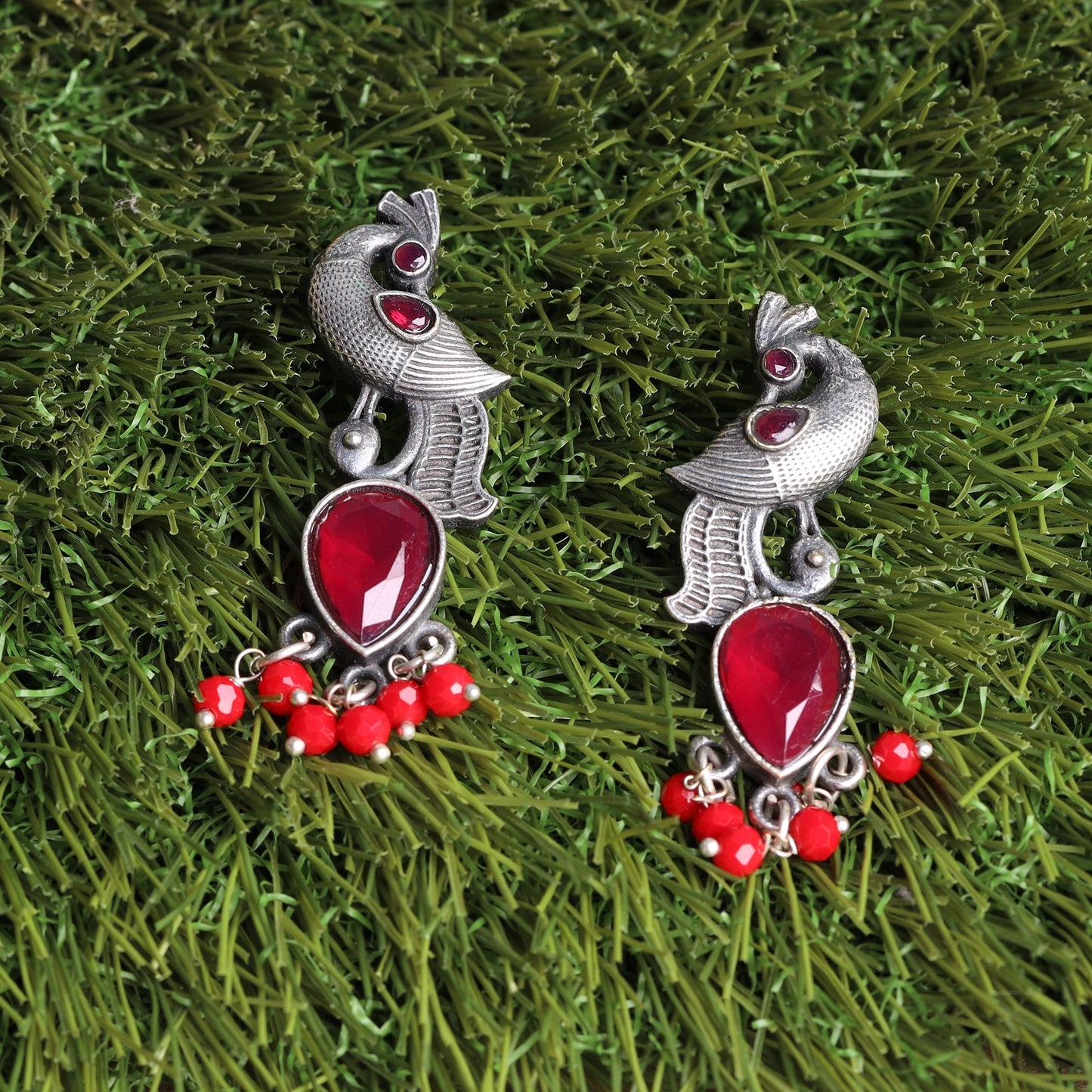 Morisha- Silver Brass stone studded dangler earrings(Red)