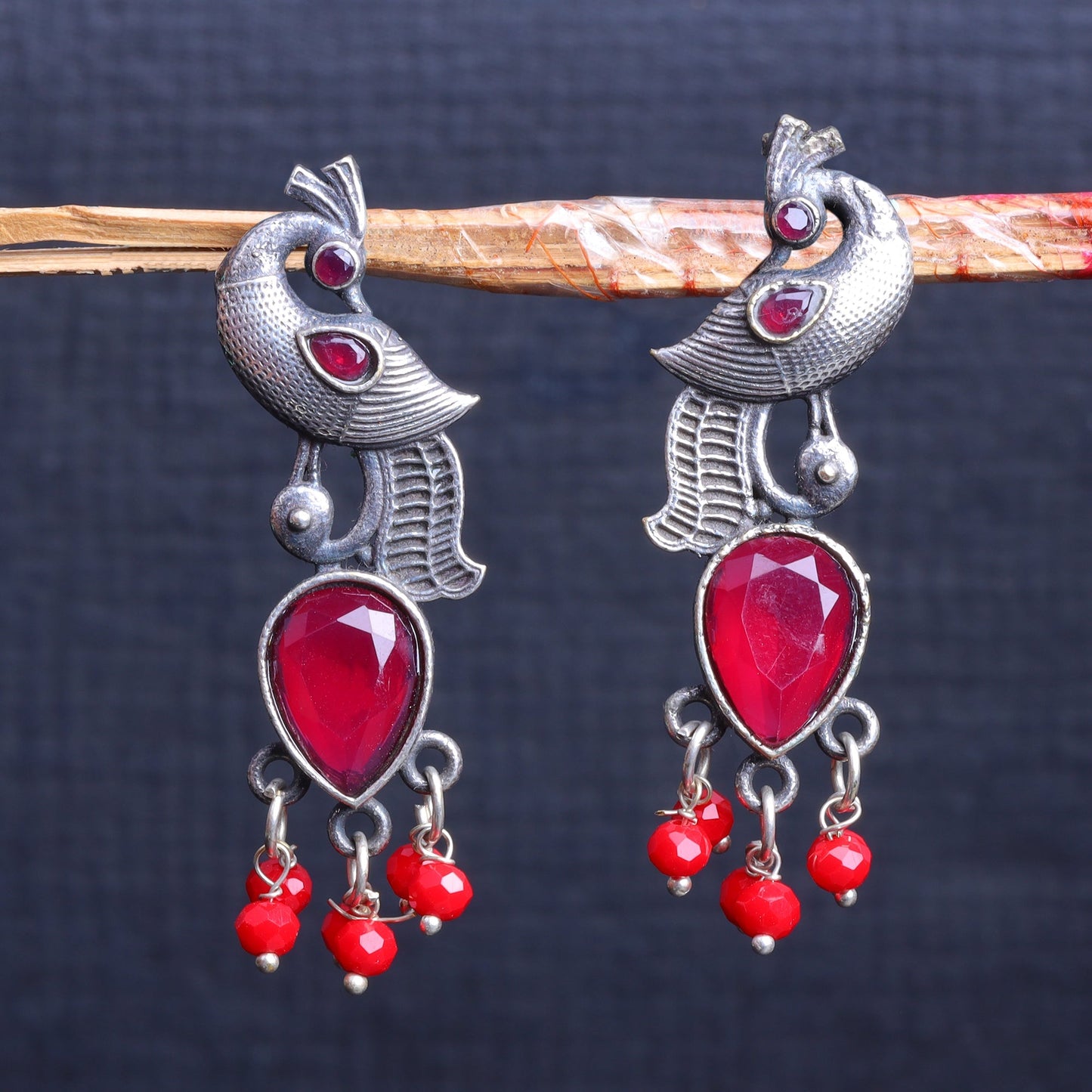 Morisha- Silver Brass stone studded dangler earrings(Red)