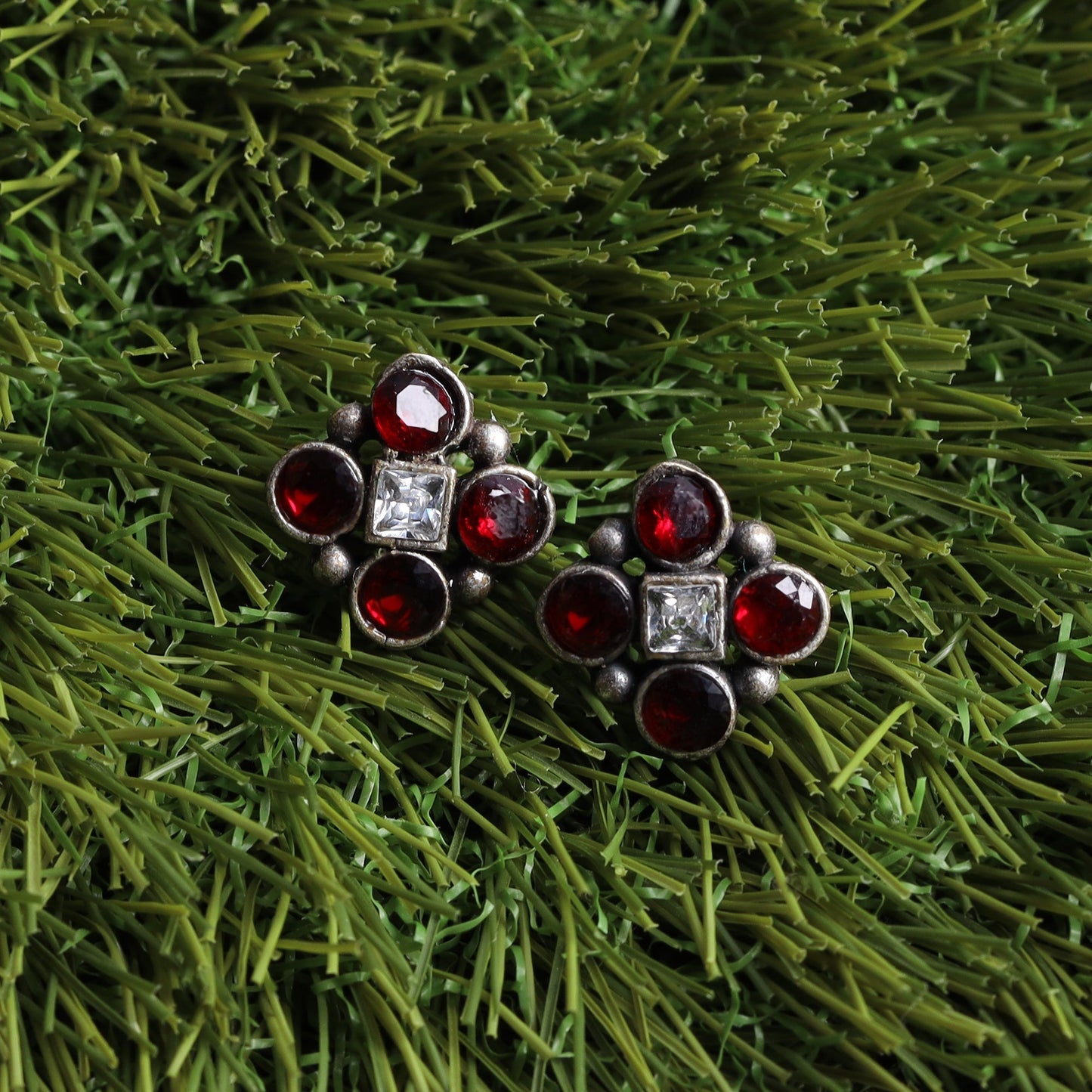 Raktika- Silver Brass Stone Studded Stud Earrings