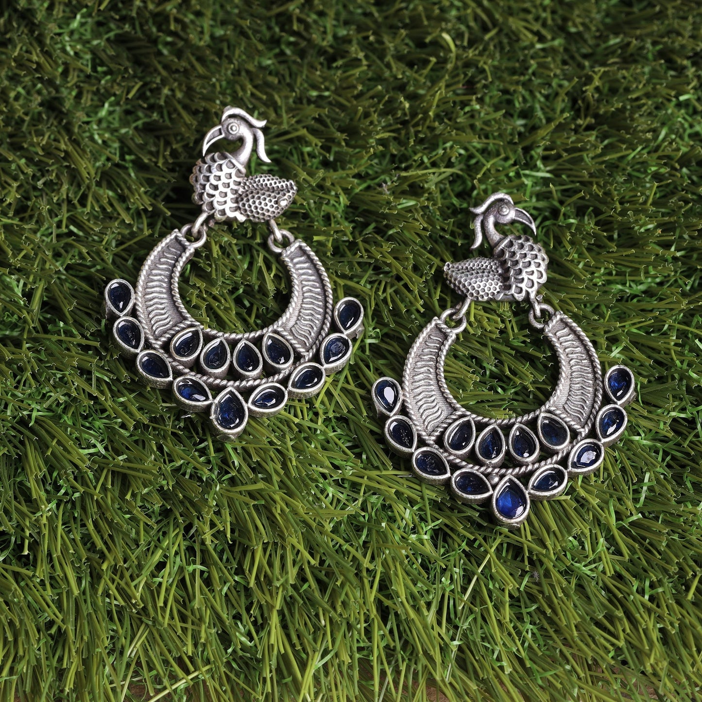 ManikMor- Silver Brass Oxidised dangler earrings(Blue)
