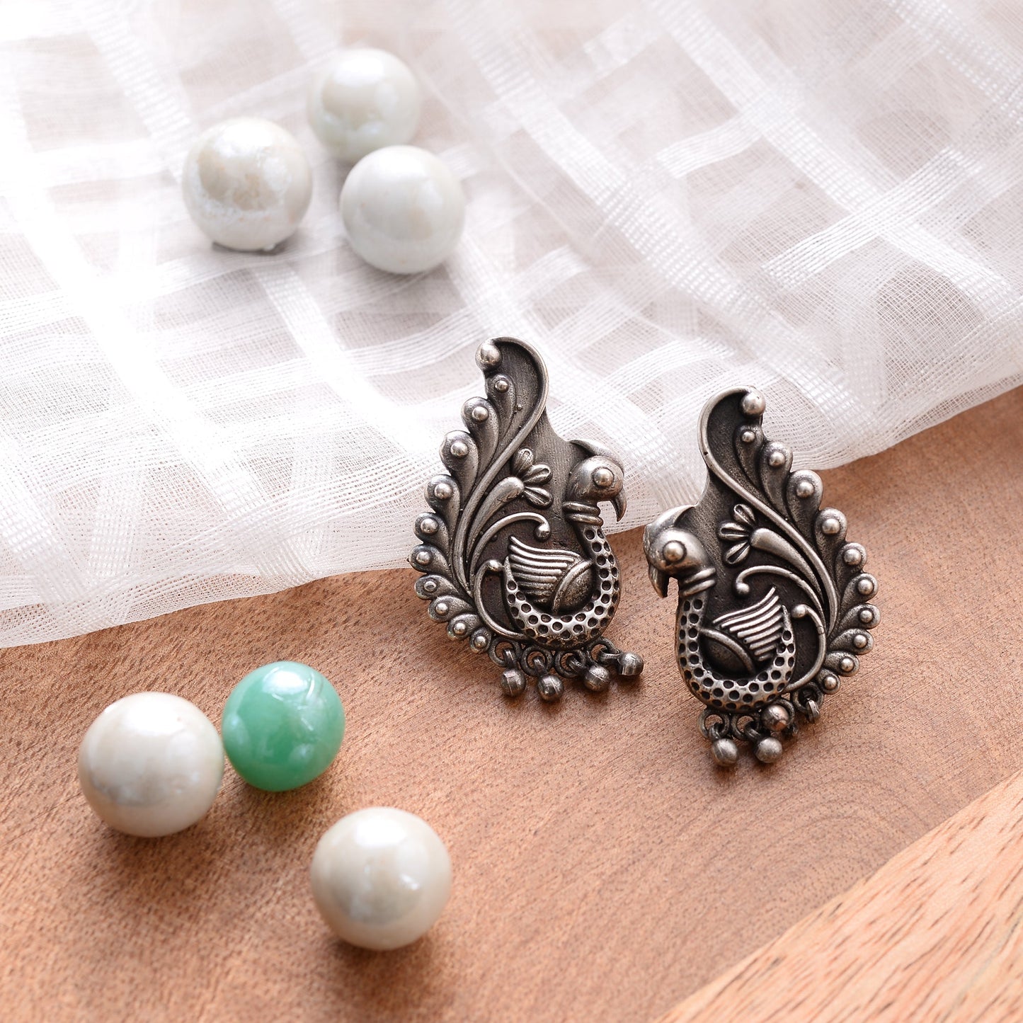 MayurMani- Silver Brass Oxidised Stud Earrings